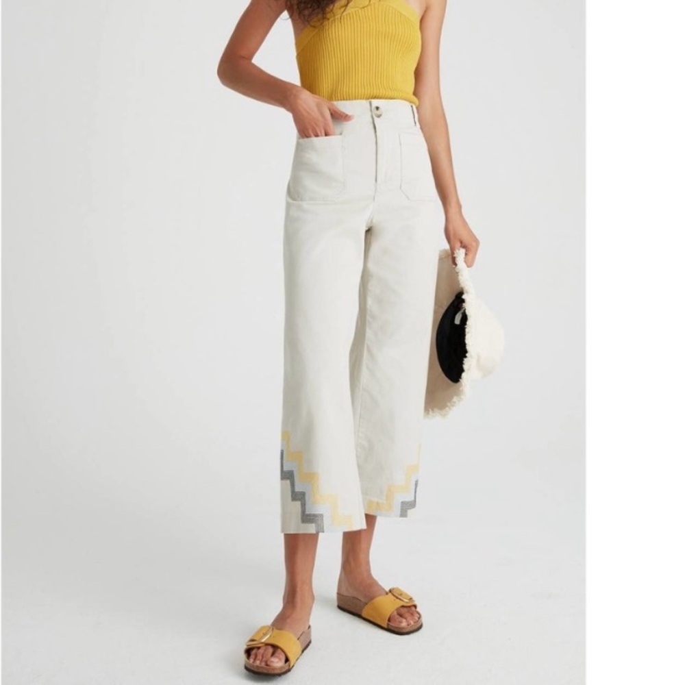 Anthropologie Wide-Leg Cropped Pants in Cream with Yellow & Gray Zigzag